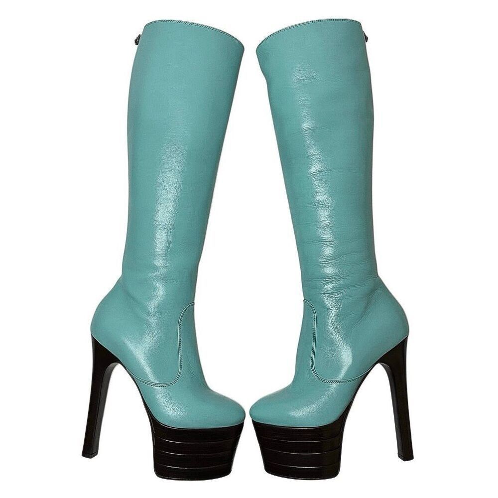 Gucci Aquamarine Teal Angel Feline Head Platform Knee High Zip Up Boot EU 36.5
